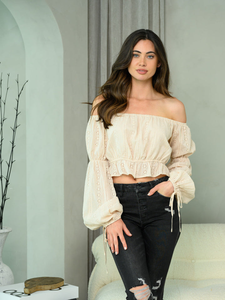 WOMEN'S LONG SLEEVE OFF SHOULDER EYELET CROP TOP
