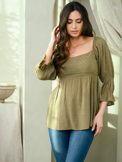 WOMEN'S PUFF 3/4 SLEEVE BABYDOLL SWISS DOT TOP