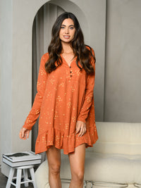 WOMEN'S LONG SLEEVE V-NECK TUNIC DITSY FLORAL PRINT MINI DRESS