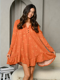 WOMEN'S LONG SLEEVE V-NECK TUNIC DITSY FLORAL PRINT MINI DRESS