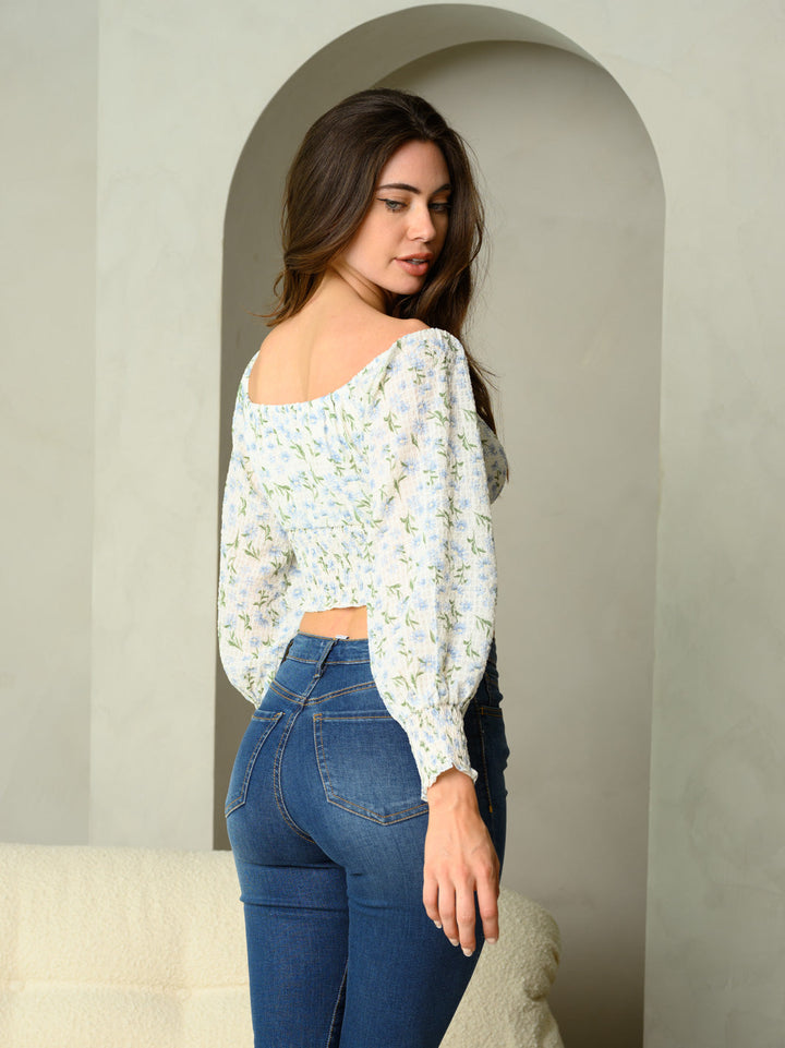 WOMEN'S LONG SLEEVE SMOCK FLORAL CROP TOP