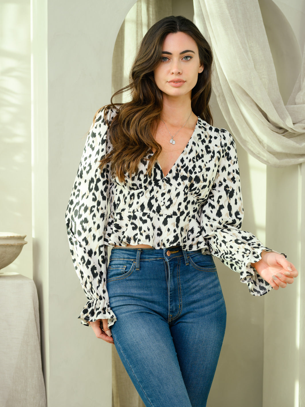 WOMEN'S ZEBRA PRINT V-NECK LONG SLEEVE TOP