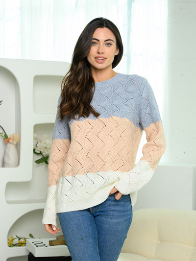 WOMEN'S LONG SLEEVE CABLE KNIT COLORBLOCK SWEATER