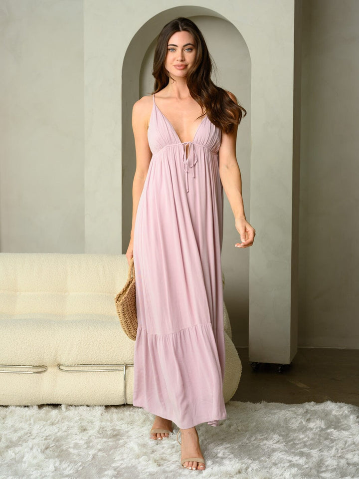 WOMEN'S SLEEVELESS V-NECK FRONT TIE MAXI DRESS