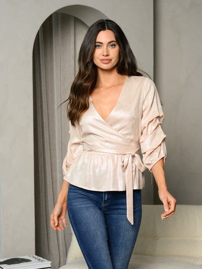 WOMEN'S RUCHED 3/4 SLEEVE SURPLICE PEPLUM TOP