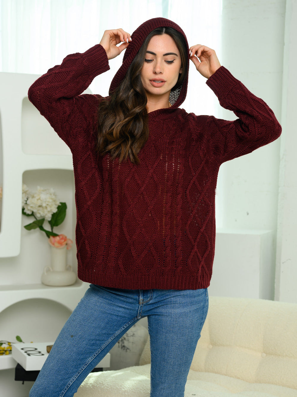 WOMEN'S LONG SLEEVE HOODED CABLE KNIT PULLOVER SWEATER