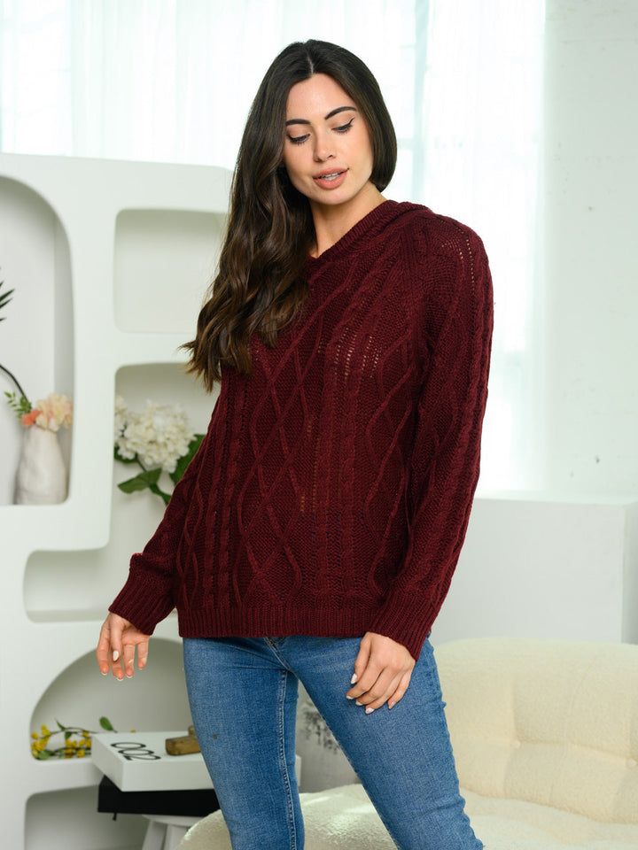 WOMEN'S LONG SLEEVE HOODED CABLE KNIT PULLOVER SWEATER