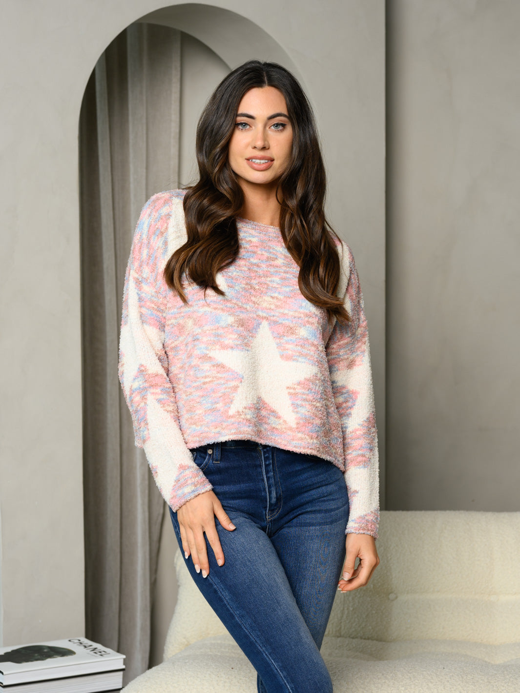 WOMEN'S LONG SLEEVE MULTI COLOR STAR PRINT SWEATER