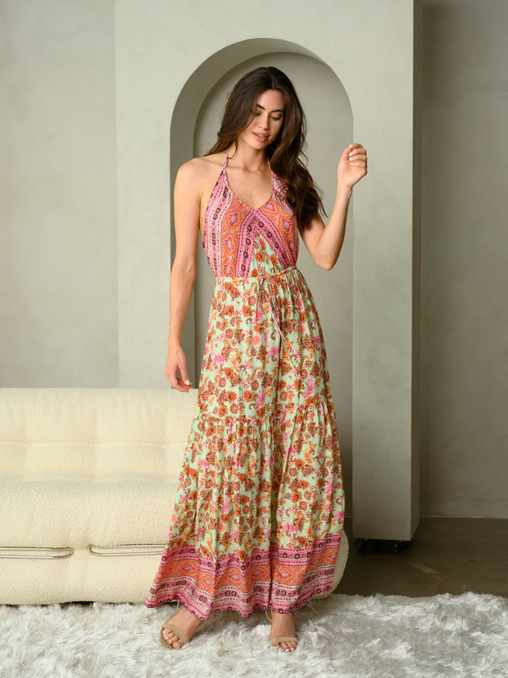 WOMEN'S SLEEVELESS V-NECK MULTI COLOR FLORAL MAXI DRESS