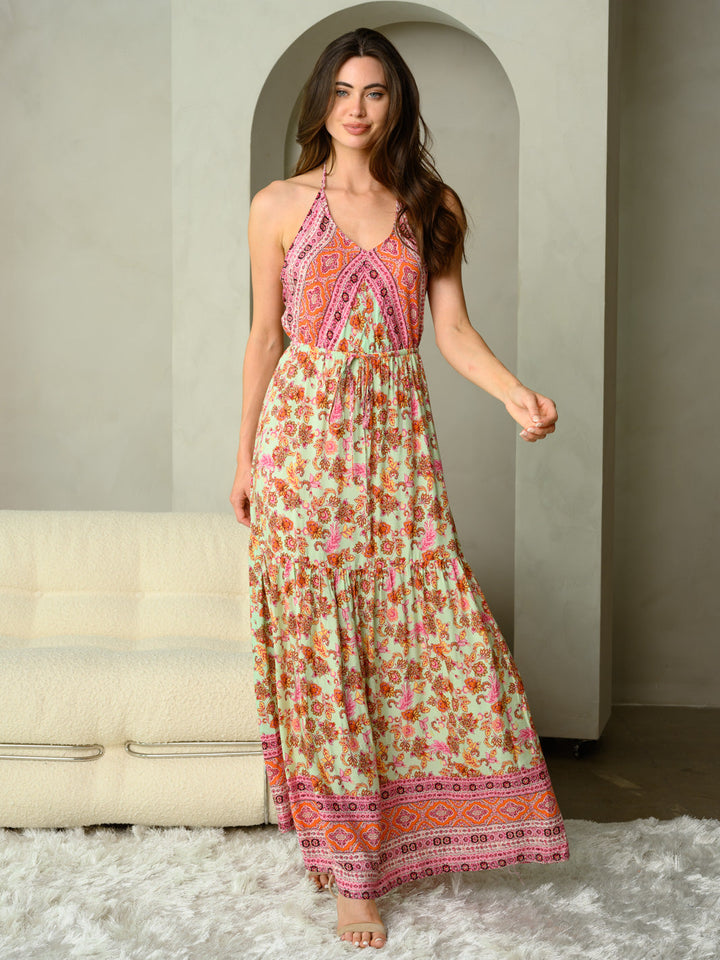 WOMEN'S SLEEVELESS V-NECK MULTI COLOR FLORAL MAXI DRESS