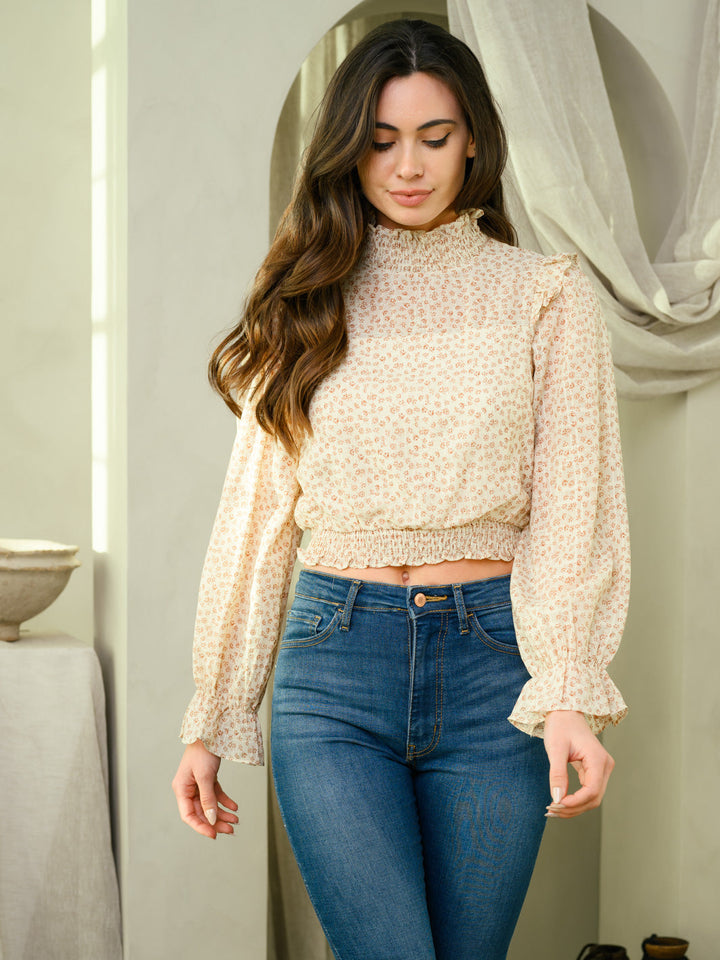 WOMEN'S FLORAL MOCK NECK LONG SLEEVE TOP