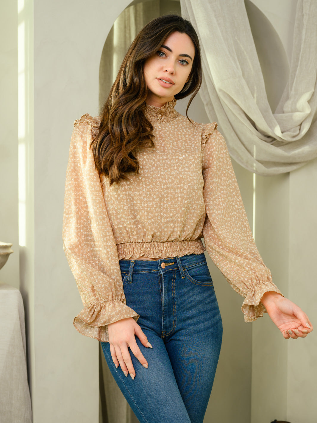 WOMEN'S FLORAL MOCK NECK LONG SLEEVE TOP