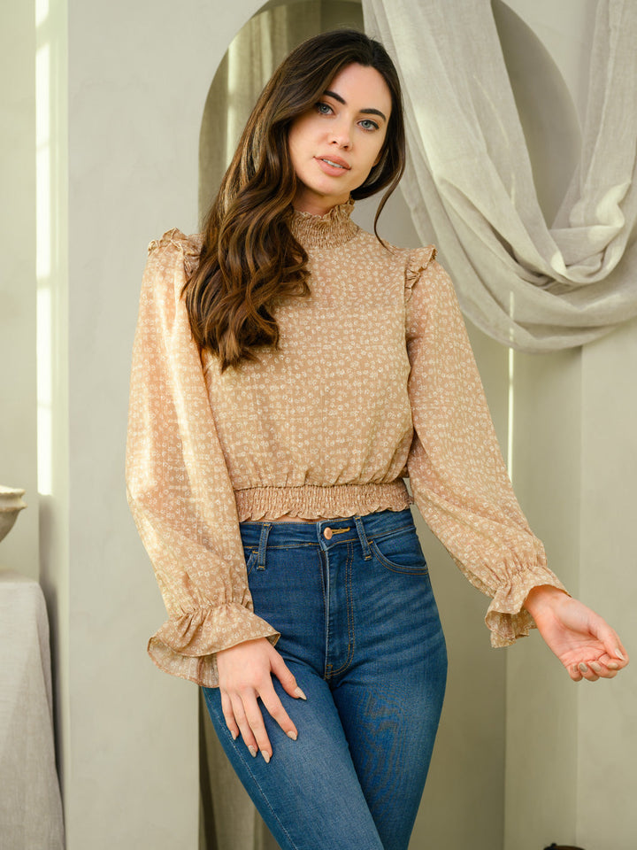WOMEN'S FLORAL MOCK NECK LONG SLEEVE TOP