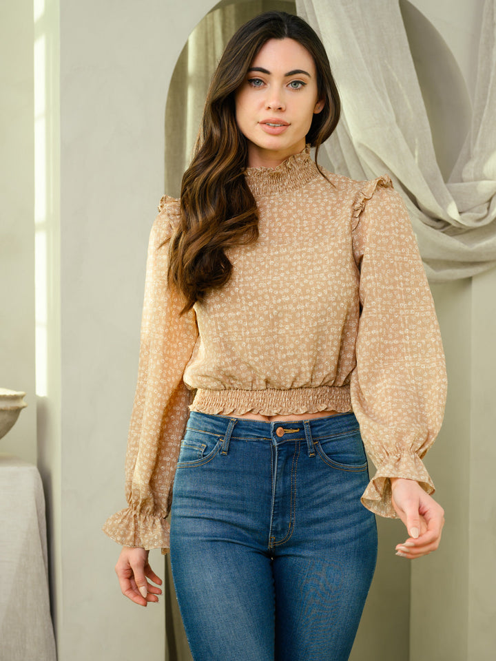 WOMEN'S FLORAL MOCK NECK LONG SLEEVE TOP