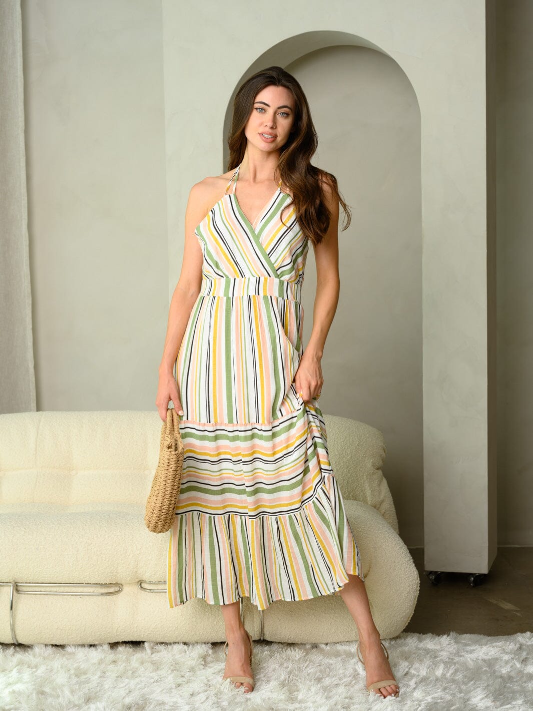 WOMEN'S SLEEVELESS V-NECK MULTI COLOR STRIPES MAXI DRESS