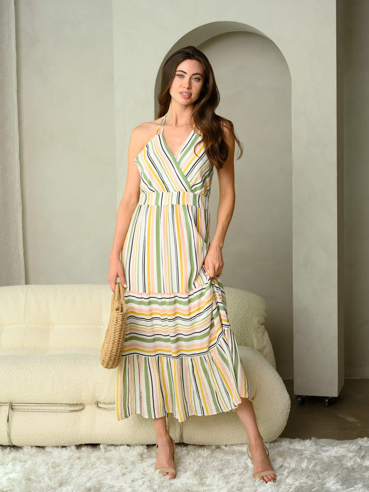 WOMEN'S SLEEVELESS V-NECK MULTI COLOR STRIPES MAXI DRESS