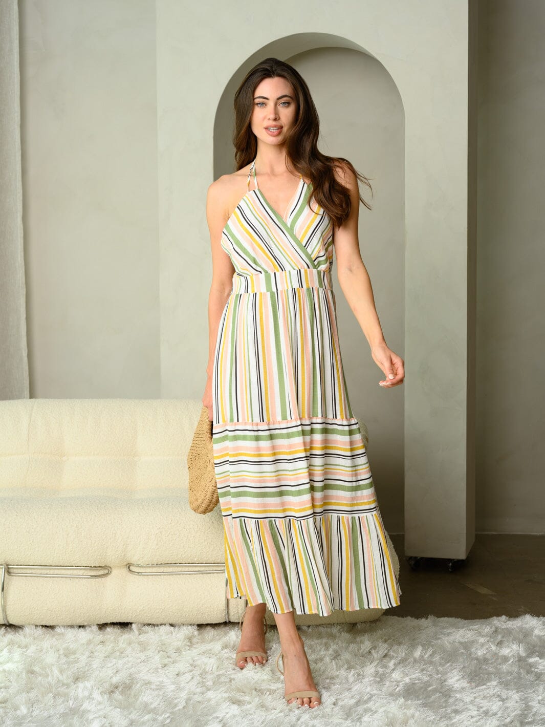 WOMEN'S SLEEVELESS V-NECK MULTI COLOR STRIPES MAXI DRESS