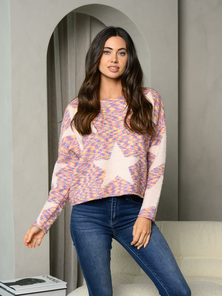 WOMEN'S LONG SLEEVE MULTI COLOR STAR PRINT SWEATER