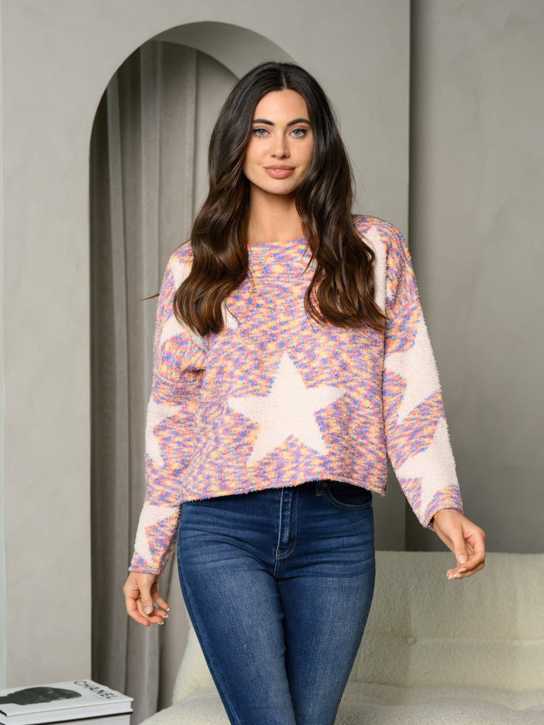 WOMEN'S LONG SLEEVE MULTI COLOR STAR PRINT SWEATER