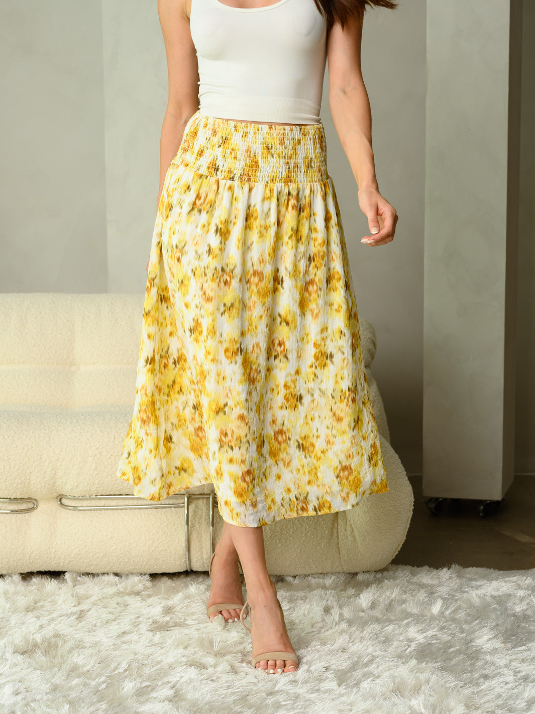 WOMEN'S SMOCK WAIST PRINTED MIDI SKIRT