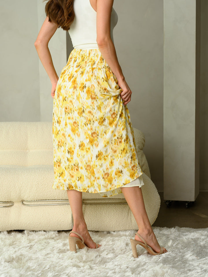 WOMEN'S SMOCK WAIST PRINTED MIDI SKIRT