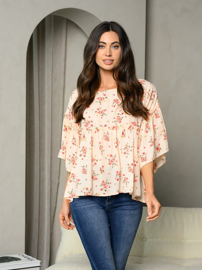 WOMEN'S 3/4 BELL SLEEVE RUFFLE FLORAL TUNIC TOP