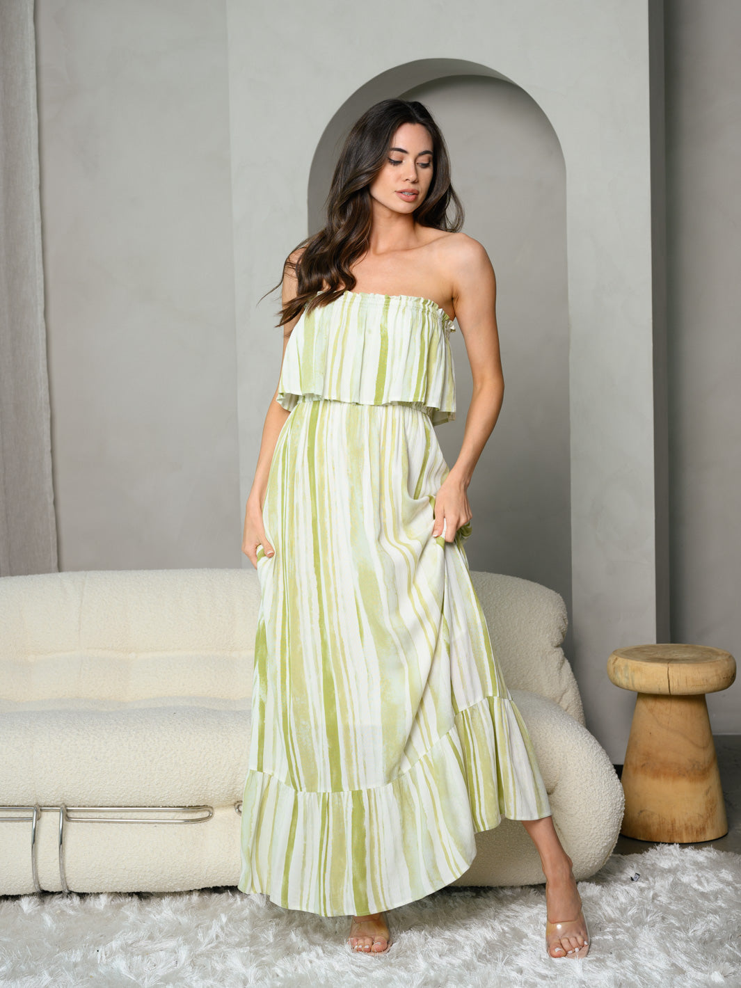 WOMEN'S SLEEVELESS RUFFLE COLORBLOCK MAXI DRESS