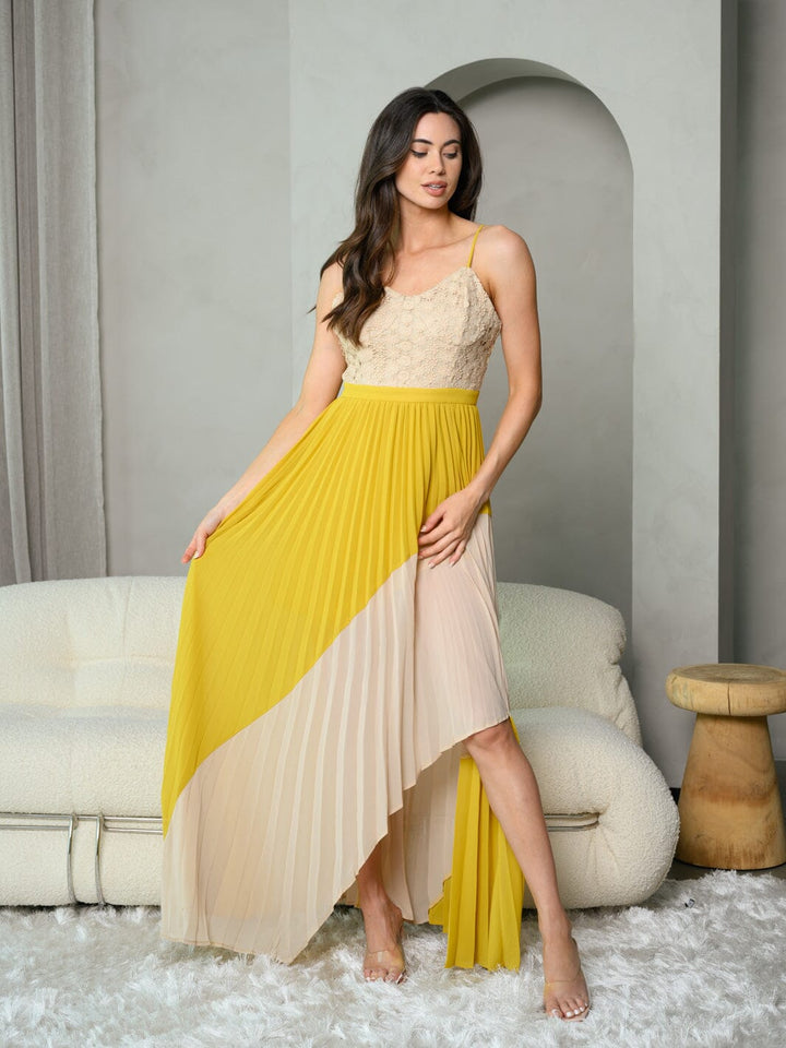 WOMEN'S SLEEVELESS V-NECK PLEATED COLORBLOCK MAXI DRESS