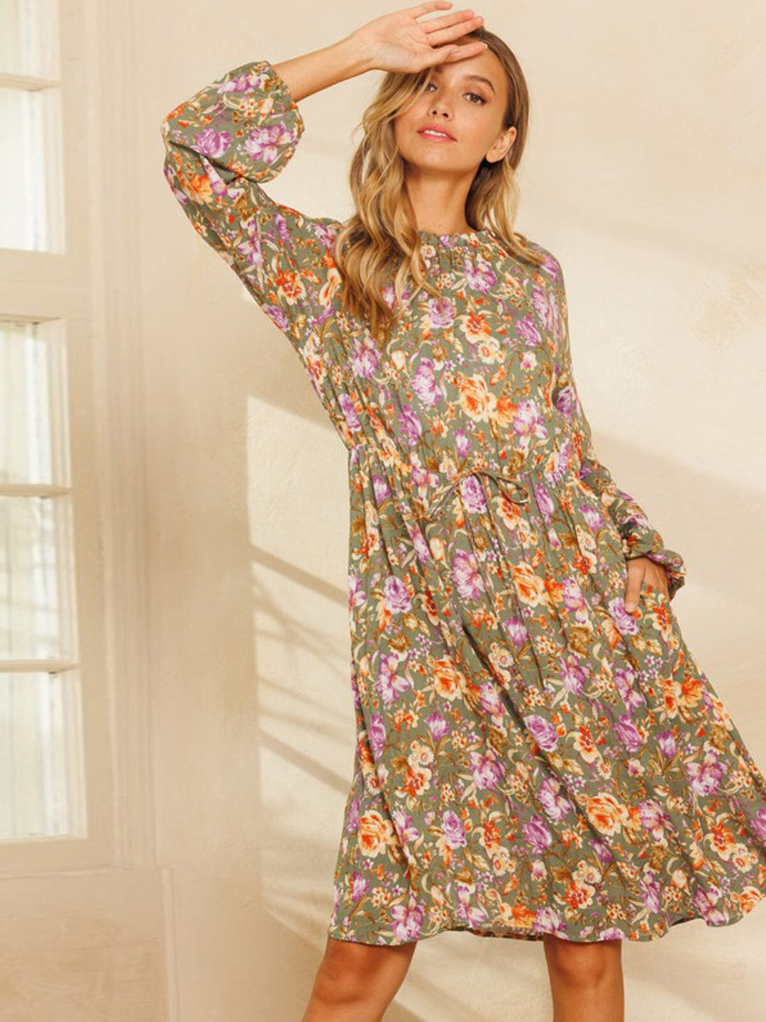WOMEN'S LONG SLEEVE MOCK NECK POCKETS FLORAL MIDI DRESS