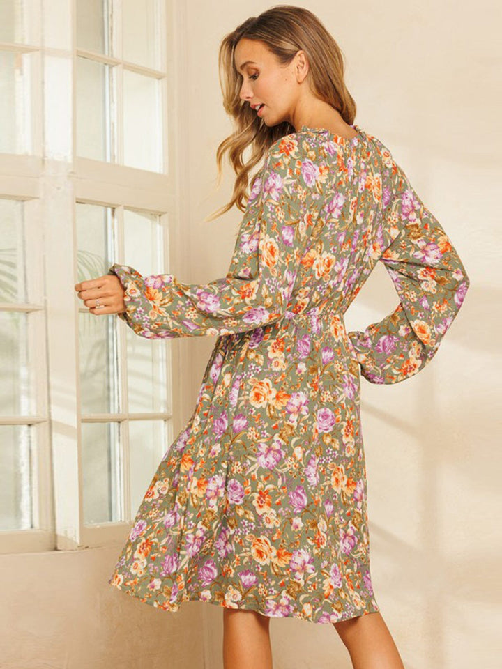 WOMEN'S LONG SLEEVE MOCK NECK POCKETS FLORAL MIDI DRESS