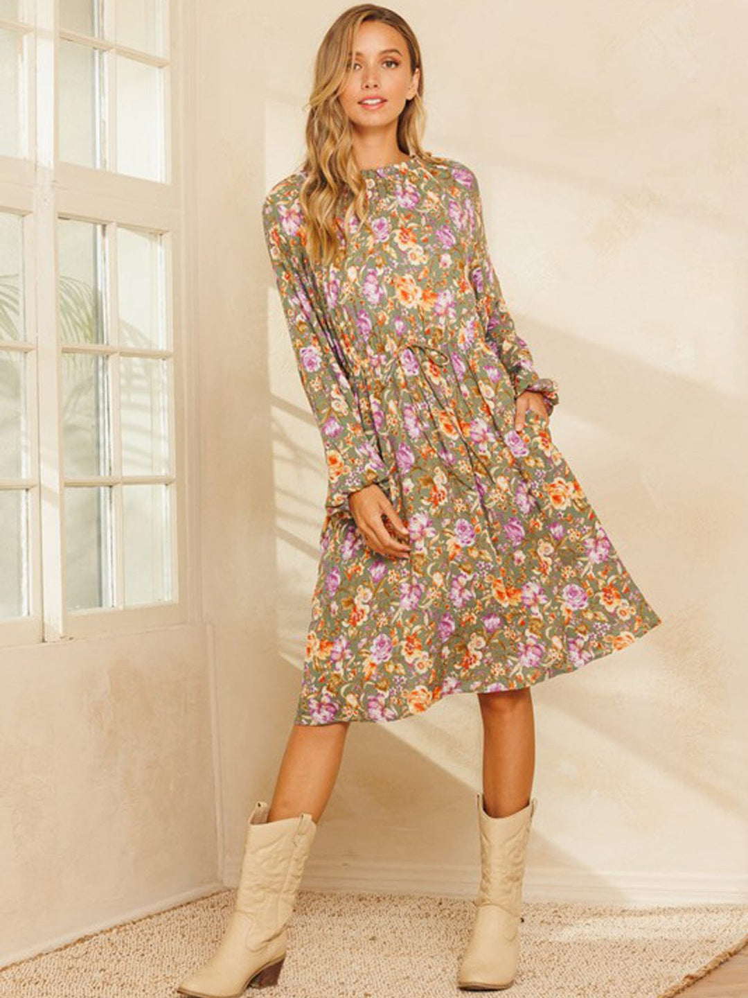 WOMEN'S LONG SLEEVE MOCK NECK POCKETS FLORAL MIDI DRESS