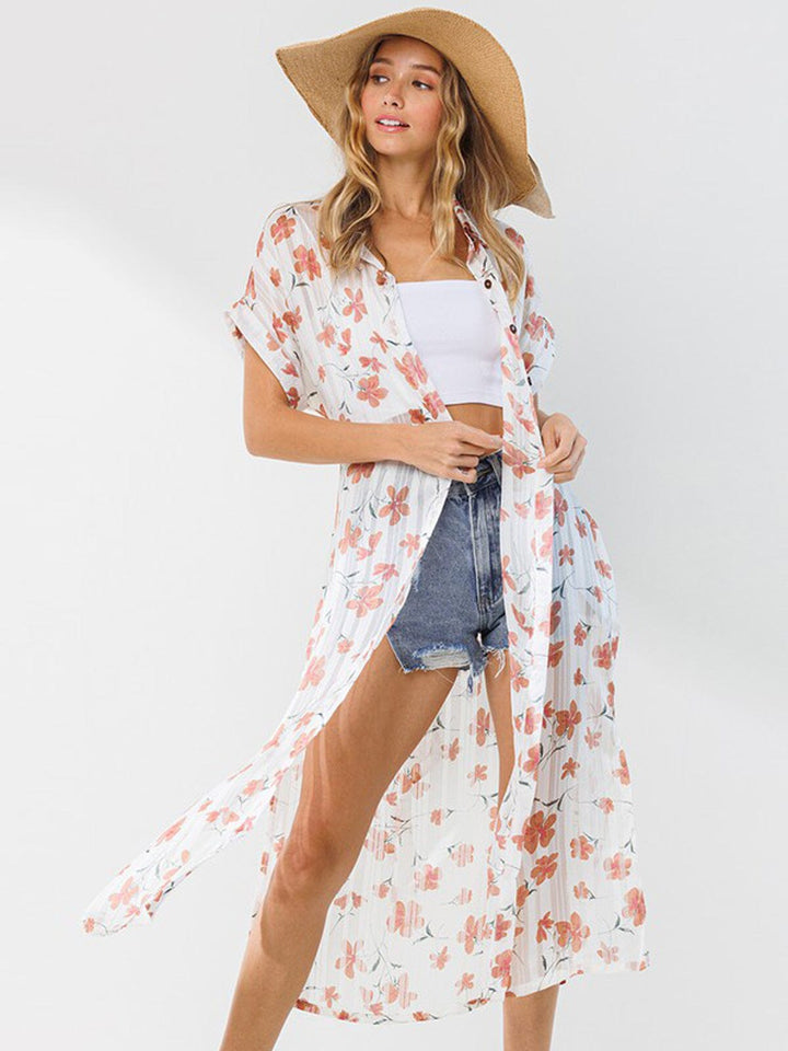 WOMEN'S SHORT SLEEVE FLORAL BUTTON UP CARDIGAN