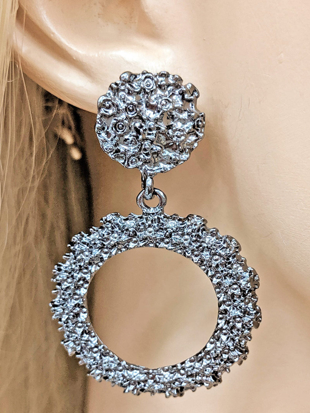 Open Circle Hammered Textured Drop Earrings