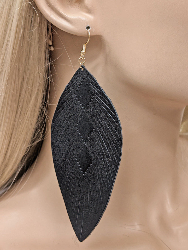 Long Black Leaf Leather Drop Earrings