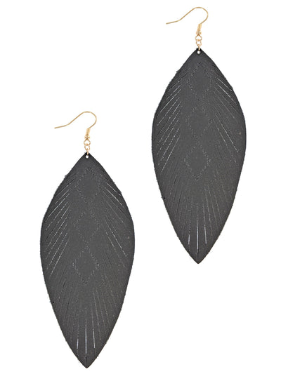 Long Black Leaf Leather Drop Earrings