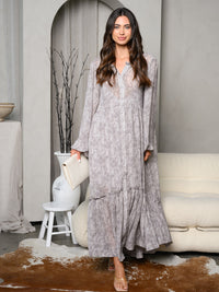 WOMEN'S LONG SLEEVE V-NECK BUTTON UP TIERED MAXI DRESS