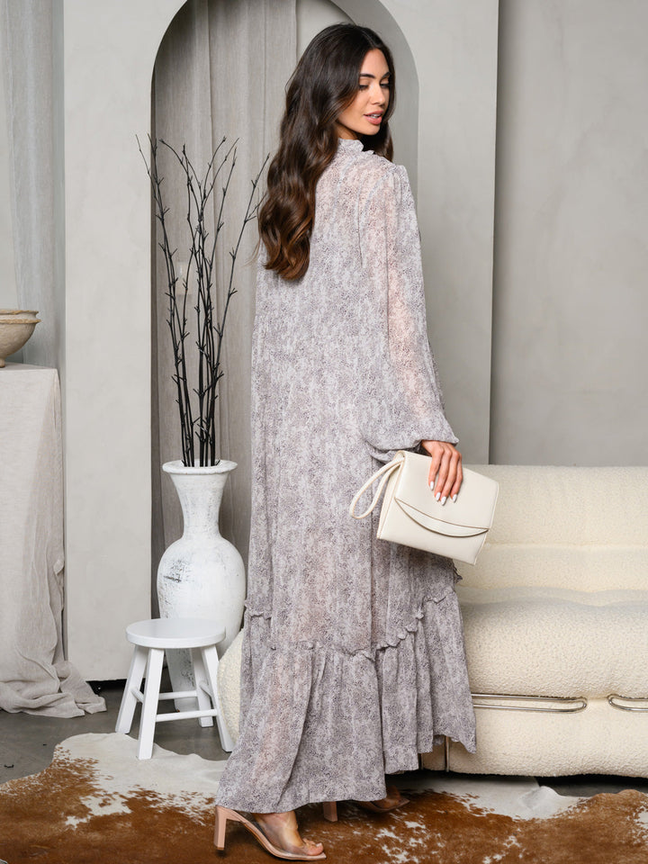 WOMEN'S LONG SLEEVE V-NECK BUTTON UP TIERED MAXI DRESS