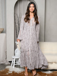 WOMEN'S LONG SLEEVE V-NECK BUTTON UP TIERED MAXI DRESS