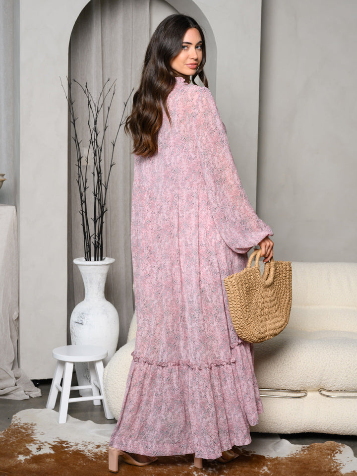 WOMEN'S LONG SLEEVE V-NECK BUTTON UP TIERED MAXI DRESS