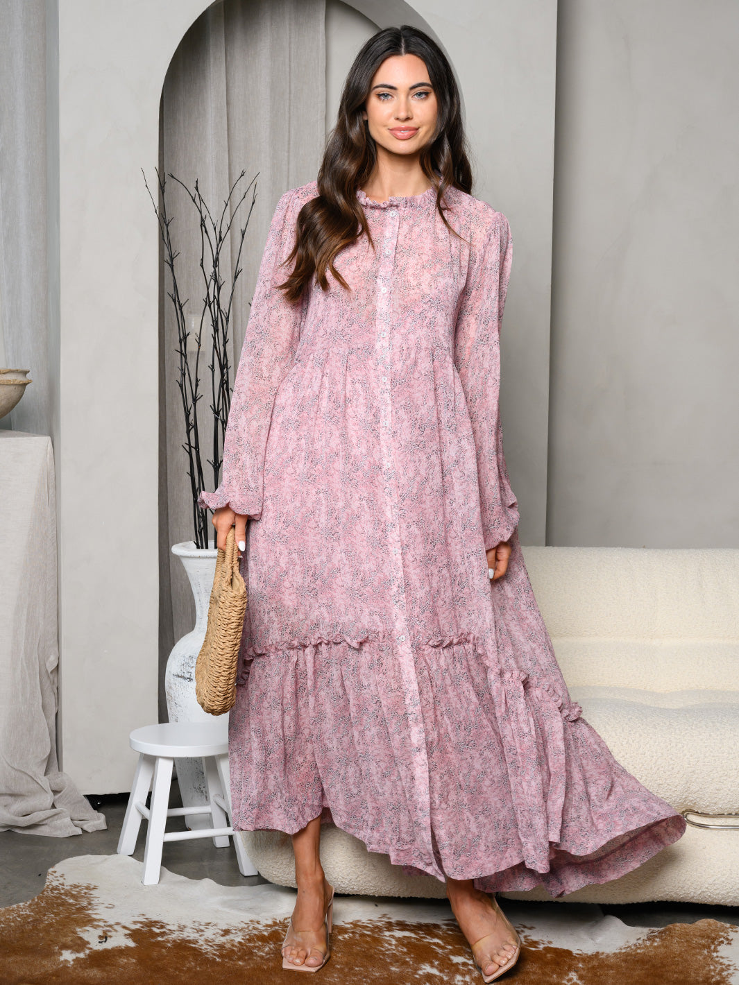 WOMEN'S LONG SLEEVE V-NECK BUTTON UP TIERED MAXI DRESS