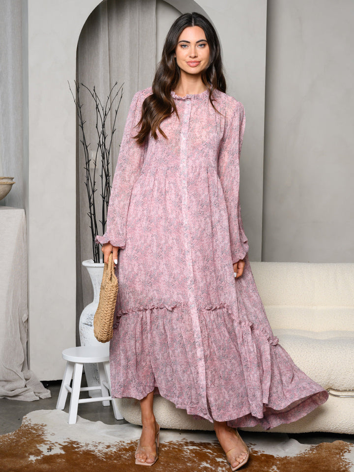 WOMEN'S LONG SLEEVE V-NECK BUTTON UP TIERED MAXI DRESS