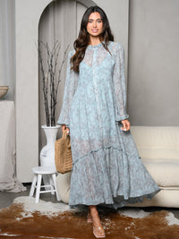 WOMEN'S LONG SLEEVE V-NECK BUTTON UP TIERED MAXI DRESS