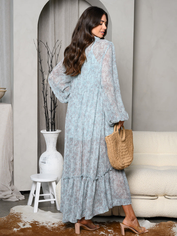 WOMEN'S LONG SLEEVE V-NECK BUTTON UP TIERED MAXI DRESS