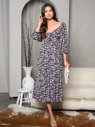 WOMEN'S 3/4 SLEEVE FLORAL FRONT TIE MAXI DRESS