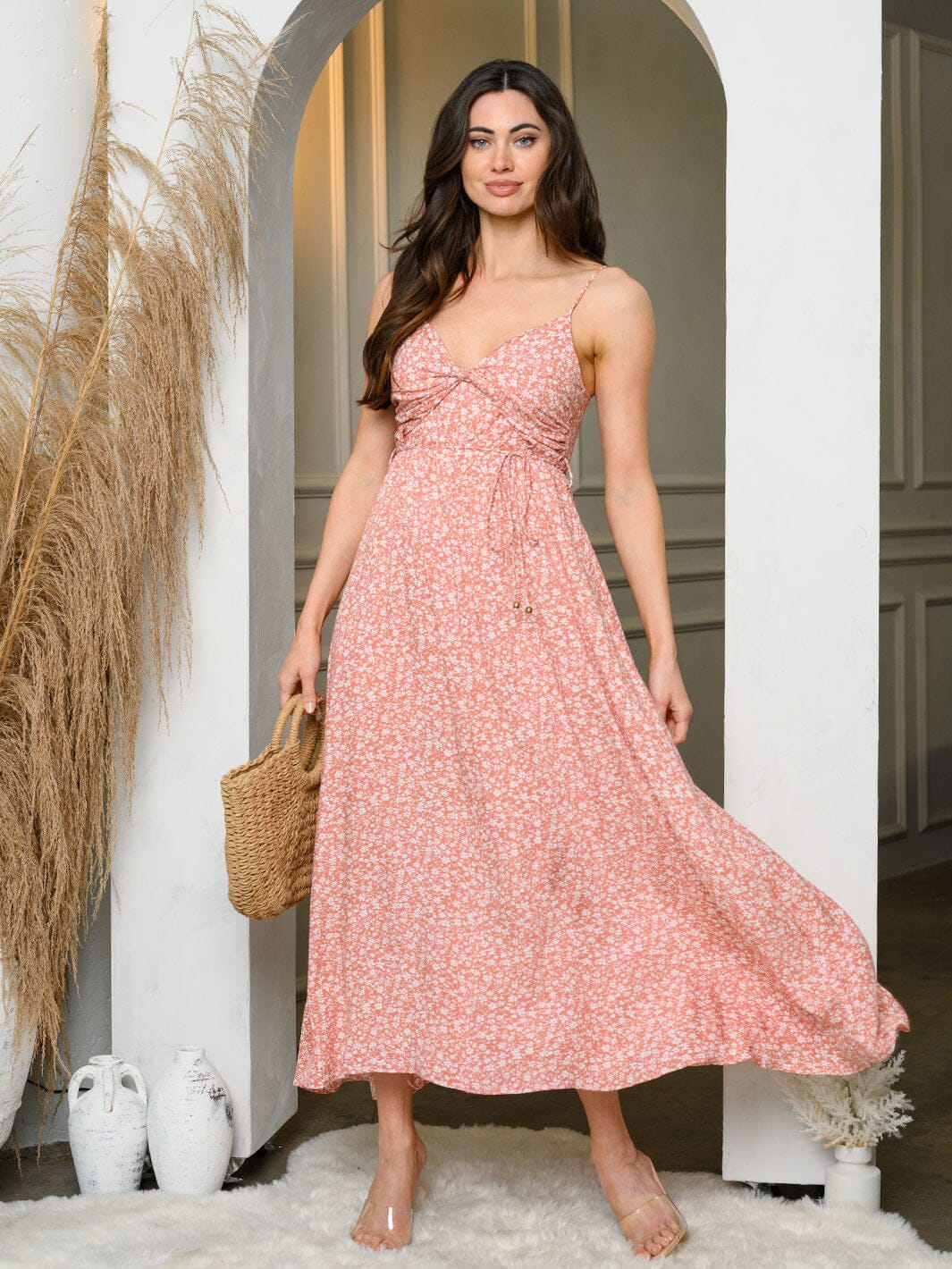 WOMEN'S SLEEVELESS V-NECK FLORAL MIDI DRESS