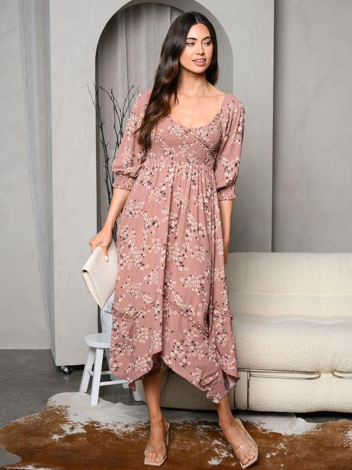 WOMEN'S WIDE V-NECK FLORAL PRINT MAXI DRESS