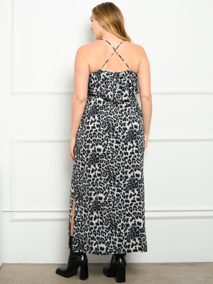 PLUS SIZE ANIMAL PRINT WITH POCKETS RUFFLE MAXI DRESS