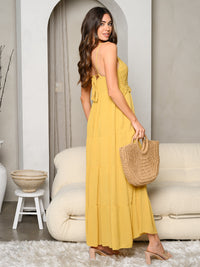 WOMEN'S SLEEVELESS CROCHET NECK TRIMMED TIERED MAXI DRESS
