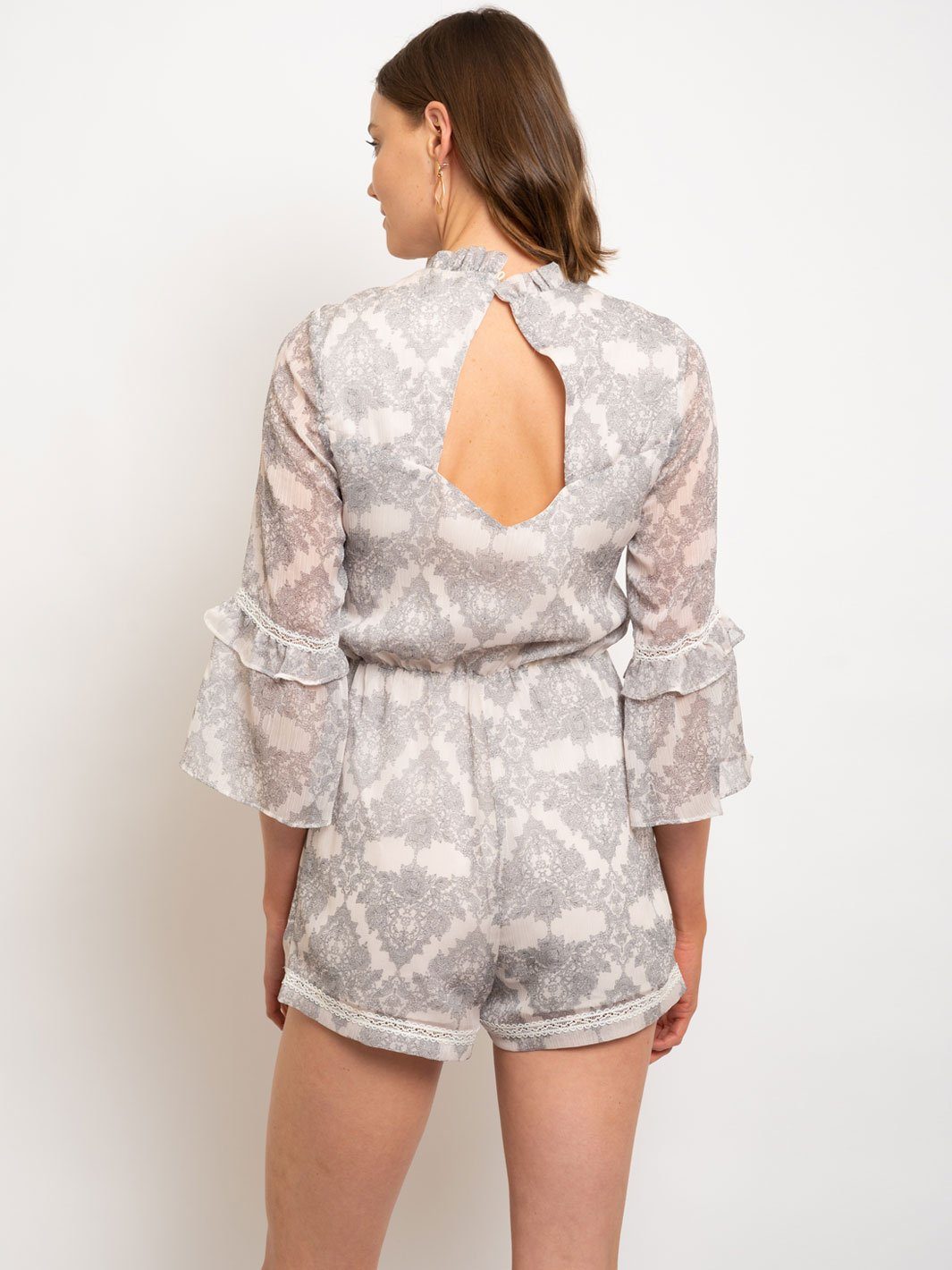 WOMEN'S 3/4 SLEEVE RUFFLE METALLIC FLORAL PRINT ROMPER