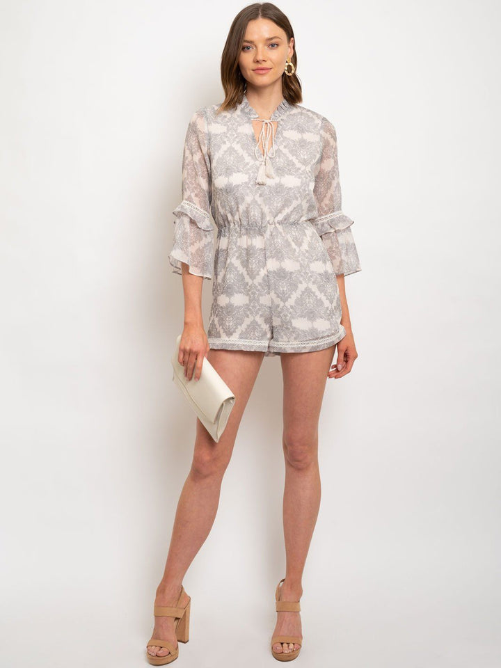 WOMEN'S 3/4 SLEEVE RUFFLE METALLIC FLORAL PRINT ROMPER